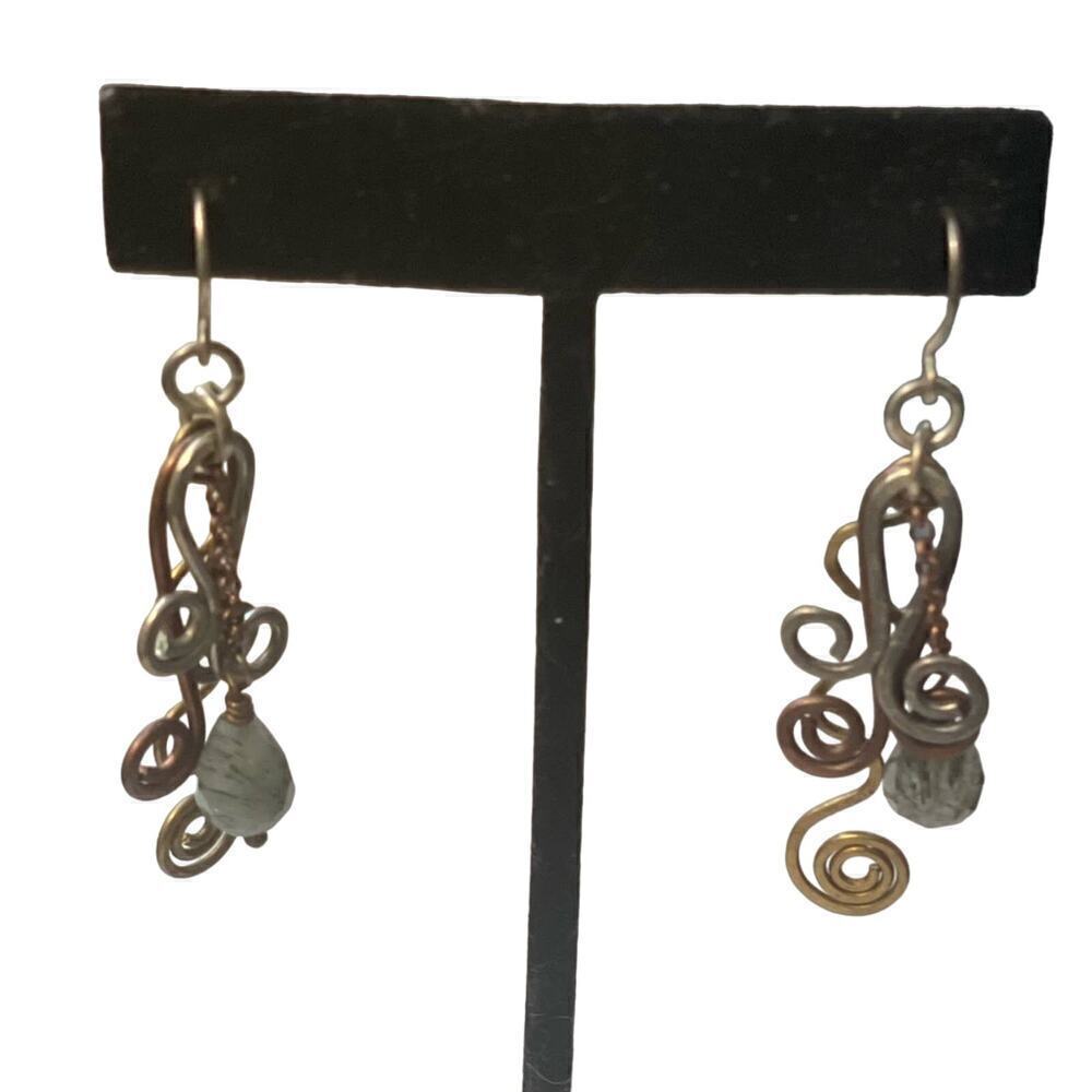 Earrings pierced - 3 metals mixed with I charcoal/white bead  Vintage Handmade